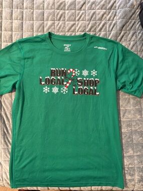 Brooks Green moisture wicking 'Run Local Shop Local' Graphic Tee Holiday Theme
